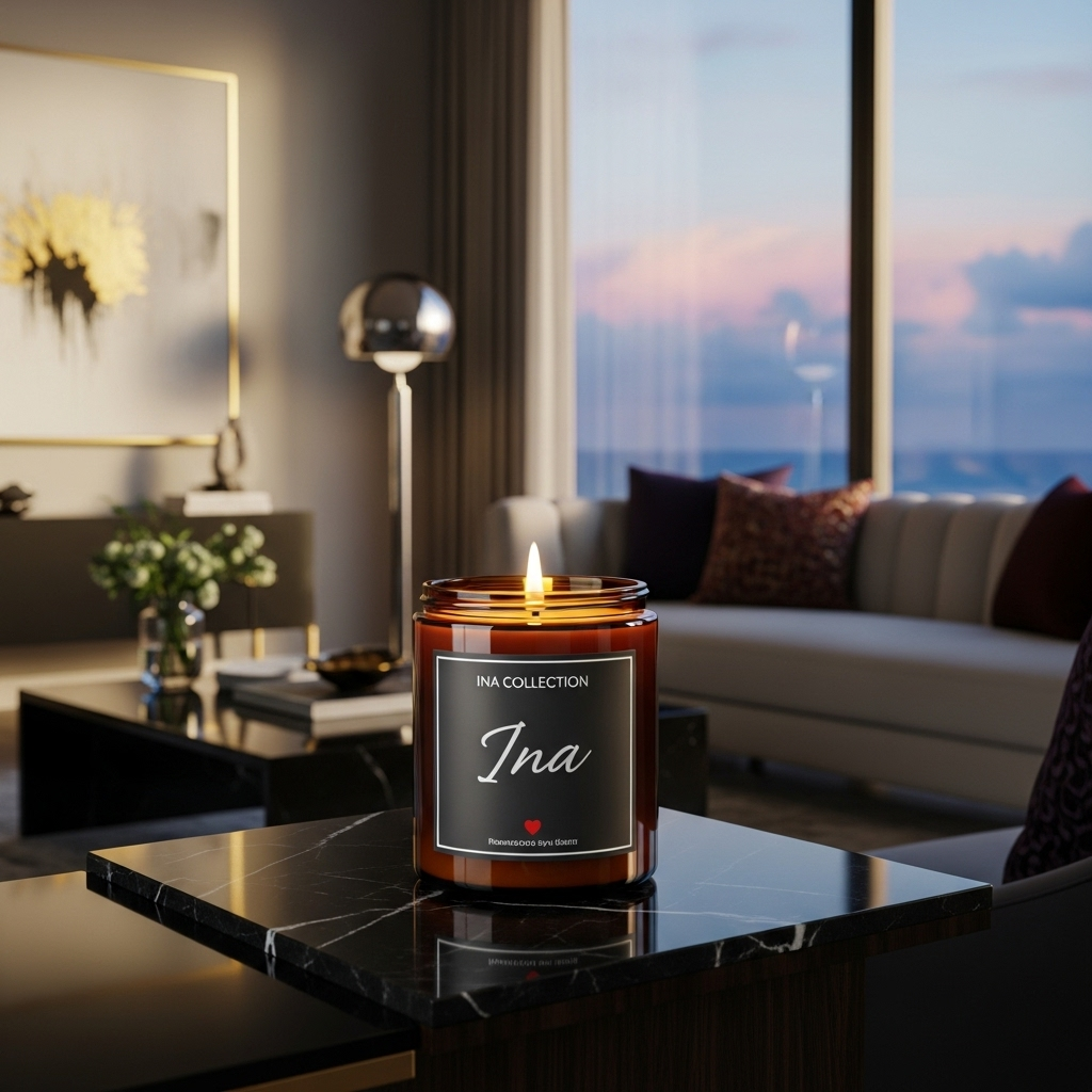 Ina Luxury Candle Collection on marble table sunset window background